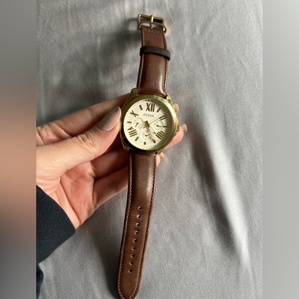 Fossil Gold-Tone Watch with Brown Leather Strap